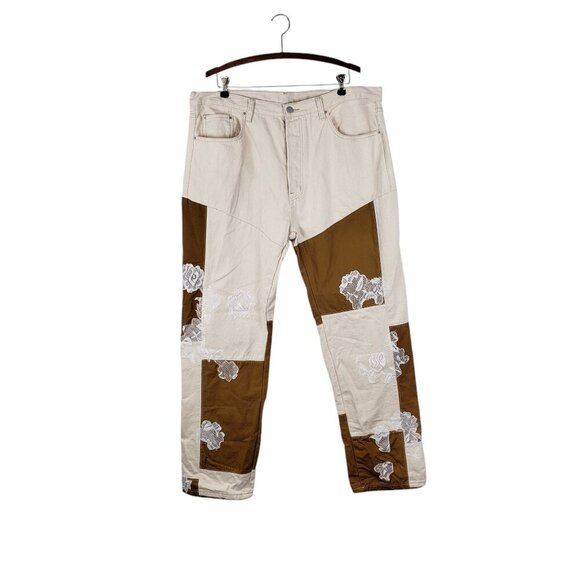 MNML Patchwork Button Fly Jeans Khaki White Brown Lace Applique Mens Size 38 - Picture 1 of 9